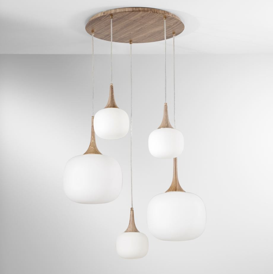 Sospensione boccia vetro bianco struttura effetto legno 2XE27+3XE14 non incl. D.70cm JAIPUR-S5 Sospensione boccia vetro bianco struttura effetto legno 2XE27+3XE14 non incl. D.70cm JAIPUR-S5
